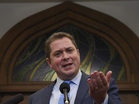 Leader of the Opposition Andrew Scheer speaks with the media following Question Period on Parliament Hill in Ottawa, Feb. 18, 2020.