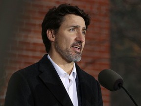 Prime Minister Justin Trudeau speaks during a news conference on COVID-19 situation in Canada from his residence March 29, 2020, in Ottawa.