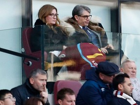 West Ham United's vice-chairman Karren Brady (top left) watches during the English Premier League match between West Ham United and Southampton at The London Stadium, in east London, on Feb. 29, 2020.