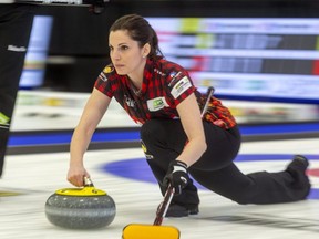 Lisa Weagle delivers a rock during the mixed doubles matches at the Continental Cup curling competition at the Western Fair Sports Centre in London, Ont., Jan. 11, 2020.