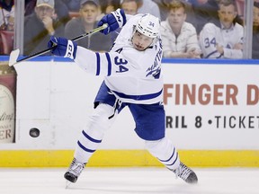 Maple Leafs centre Auston Matthews has 45 goals, tied with Alex Ovechkin and two behind league leader David Pastrnak. (Michael Reaves/Getty Images)