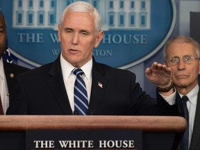 U.S. Vice President Mike Pence speaks during the daily briefing on the novel coronavirus, COVID-19, at the White House on March 21, 2020, in Washington. (JIM WATSON/AFP via Getty Images)