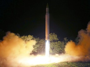 This file picture taken on July 28, 2017, and released from North Korea's official Korean Central News Agency (KCNA) on July 29, 2017 shows North Korea's intercontinental ballistic missile (ICBM) Hwasong-14 being launched from an undisclosed location in North Korea.