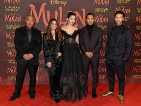 (L-R) Ron Yuan, Niki Caro, Yifei Liu, Jason Scott Lee and Yoson An attend the European Premiere of Disney's "MULAN" at Odeon Luxe Leicester Square on March 12, 2020 in London, England.