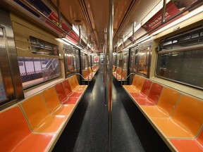 An empty New York subway car is seen on March 23, 2020 in New York City. (ANGELA WEISS/AFP via Getty Images)