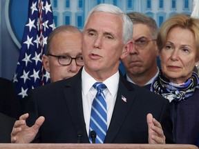 U.S. Vice-President Mike Pence addresses reporters during his daily Coronavirus Task Force news briefing at the White House in Washington, U.S. March 10, 2020.