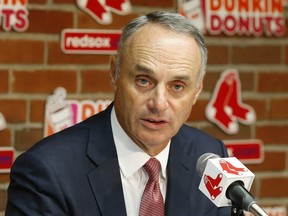 Baseball commissioner Rob Manfred speaks during a news conference at Fenway Park in Boston on Tuesday, Sept. 5, 2017. (AP Photo/Winslow Townson)