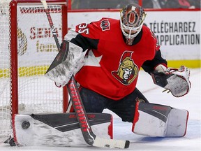 Marcus Hogberg makes a stop in the second period as the Ottawa Senators take on the Detroit Red Wings in NHL action at the Canadian Tire Centre in Ottawa.