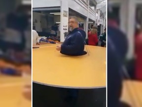 In a viral video, an Italian man is wearing a giant cardboard circle around his waist in order to enforce social distancing. (Twitter)