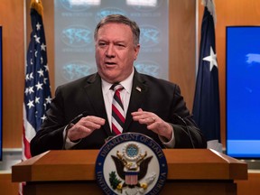 U.S. Secretary of State Mike Pompeo speaks at a press conference at the State Department in Washington on March 17, 2020. (NICHOLAS KAMM/AFP via Getty Images)
