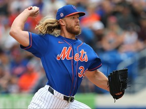 Pitcher Noah Syndergaard of the New York Mets delivers a pitch against the Houston Astros during a spring training game at Clover Park on March 8, 2020 in Port St. Lucie, Florida. (Rich Schultz/Getty Images)