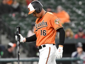 Trey Mancini of the Baltimore Orioles walks to the dugout after striking out against the Minnesota Twins at Oriole Park at Camden Yards on March 31, 2018 in Baltimore. (Greg Fiume/Getty Images)