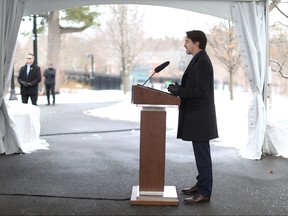 Prime Minister Justin Trudeau speaks during a news conference on the COVID-19 situation from his residence March 24, 2020 in Ottawa. (DAVE CHAN/AFP via Getty Images)