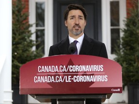 Prime Minister Justin Trudeau speaks during a news conference on the COVID-19 situation in Canada from his residence March 20, 2020 in Ottawa. (DAVE CHAN/AFP via Getty Images)