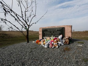 Toys are placed at a memorial to victims of Malaysia Airlines Flight MH17 plane crash near the village of Hrabove in Donetsk region, Ukraine March 9, 2020.