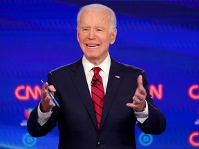 Democratic U.S. presidential candidate and former Vice President Joe Biden speaks during the 11th Democratic candidates debate of the 2020 U.S. presidential campaign, held in CNN's Washington studios without an audience because of the global coronavirus pandemic, in Washington, D.C., on March 15, 2020.