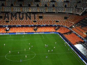 General view in an empty stadium as Valencia hosts Atalanta in a Champions League match played behind closed doors on March 10, 2020, in Valencia, Spain, as the number of coronavirus cases grows around the world.