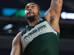 Brock Washington of the Michigan State Spartans dunks during practice prior to the 2019 NCAA men's Final Four at U.S. Bank Stadium on April 5, 2019, in Minneapolis.