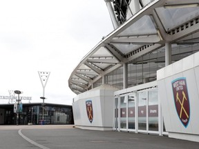 A general view outside the London Stadium of West Ham as the Premier League is suspended due to COVID-19 coronavirus outbreak, on March 15, 2020.