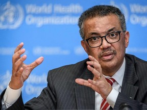 World Health Organization (WHO) Director-General Tedros Adhanom Ghebreyesus attends a daily press briefing on COVID-19 at the WHO headquaters in Geneva on March 11, 2020. (FABRICE COFFRINI/AFP via Getty Images)