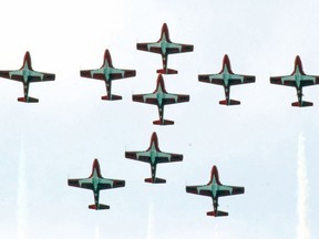 The Canadian Forces Snowbirds zoom over the crowd at the North Bay waterfront early in their performance at the 2019 Armed Forces Day celebration.