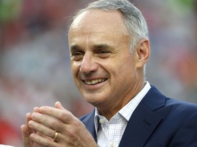 MLB Commissioner Rob Manfred looks on during the T-Mobile Home Run Derby at Nationals Park on July 16, 2018 in Washington, DC.