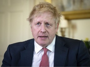 In this handout photo provided by 10 Downing Street, British Prime Minister Boris Johnson records a video message on Easter Sunday at Number 10 after release from the hospital, before leaving for Chequers on April 12, 2020 in London, England.
