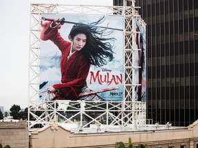 An outdoor ad for Disney's "Mulan" is seen on March 13, 2020 in Hollywood, California.