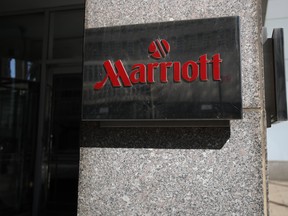 A detailed view of the exterior of the New York Marriott at the Brooklyn Bridge on March 27, 2020 in the Brooklyn Heights neighbourhood of the Brooklyn borough of New York City. (Justin Heiman/Getty Images)