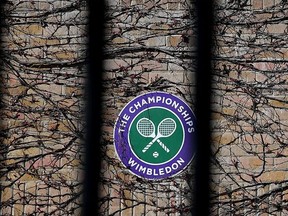 Wimbledon branding is seen at  The All England Tennis and Croquet Club, best known as the venue for the Wimbledon Tennis Championships, on April 1, 2020, in London, England.