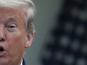 U.S. President Donald Trump speaks during the daily briefing of the White House Coronavirus Task Force in the Rose Garden at the White House April 14, 2020 in Washington, DC.