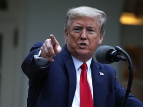 U.S. President Donald Trump speaks during the daily briefing of the White House Coronavirus Task Force in the Rose Garden at the White House April 14, 2020 in Washington, DC.