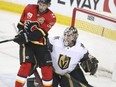 Vegas goalie Robin Lehner, with Flames Sean Monahan in front of him has some choice words for Sweden's slacksidasical leaders.