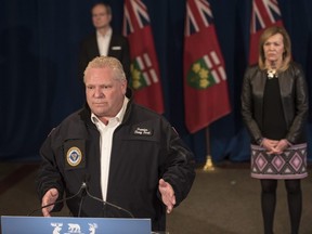 Ontario Premier Doug Ford responds to a question during his daily update regarding COVID-19 at Queen's Park in Toronto on Saturday, April 25, 2020.