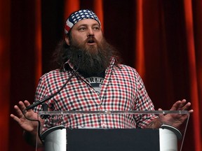 Television personality Willie Robertson from the show "Duck Dynasty" introduces Republican presidential candidate Donald Trump at the Outdoor Channel and Sportsman Channel's 16th annual Outdoor Sportsman Awards at The Venetian Las Vegas during the 2016 National Shooting Sports Foundation's Shooting, Hunting, Outdoor Trade (SHOT) Show on January 21, 2016 in Las Vegas, Nevada.