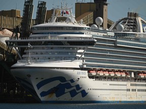 Cruise liner Ruby Princess sits in the harbour in Port Kembla, 80 km south of Sydney after coming in to refuel and restock on April 6, 2020. (PETER PARKS/AFP via Getty Images)