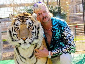 In this file undated photo courtesy of Netflix shows Joseph "Joe Exotic" Maldonado-Passage with one of his tigers obtained on january 20, 2020.