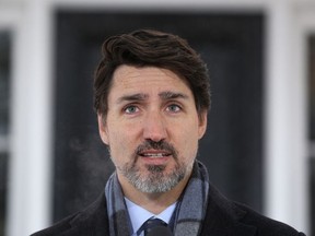 In this file photo, Prime Minister Justin Trudeau speaks during a news conference on COVID-19 situation in Canada from his residence in Ottawa.