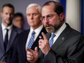 U.S. Secretary of Health and Human Services Alex Azar speaks during a news briefing on the administration's response to the coronavirus at the White House in Washington, D.C., March 15, 2020.