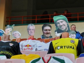 Mannequins dressed in football jerseys with cut-out portraits of fans are seen in the stands during the match between FC Dynamo Brest and FC Shakhtyor Soligorsk in Brest, Belarus April 8, 2020. (Alexey Komelkov/FC Dynamo Brest/Handout via REUTERS)