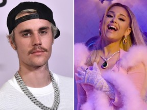 Justin Bieber and Ariana Grande are seen in file photos.