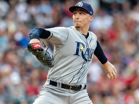 Starting pitcher Blake Snell of the Tampa Bay Rays pitches during the first inning against the Cleveland Indians at Progressive Field on Sept. 1, 2018, in Cleveland, Ohio.