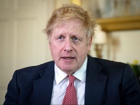 Britain's Prime Minister Boris Johnson thanks the NHS in a video message on Easter Sunday, April 12, 2020, in 10 Downing Street, London.