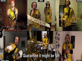 Bosnian band Dubioza Kolektiv cheers up its fans across Europe with their weekly online concert 'Quarantine Show' April 7, 2020 in this screenshot taken from a video. (Dubioza Kolektiv/Handout via REUTERS)