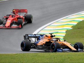 McLaren’s Carlos Sainz and Ferrari's Charles Leclerc in action during practice    at the Brazilian Grand Prix at Jose Carlos Pace Circuit, Sao Paulo, Brazil, Nov. 15, 2019.