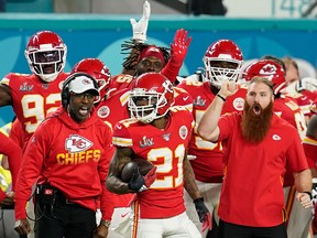 Kansas City Chiefs' Bashaud Breeland intercepts a pass from San Francisco 49ers as teammates react during Super Bowl LIV at Hard Rock Stadium in Miami on Feb. 2, 2020.