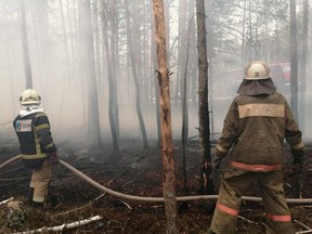 Firefighters try to extinguish a fire burning in the exclusion zone around the Chernobyl nuclear power plant, in Kiev region, Ukraine, on April 17, 2020. (State Emergency Service of Ukraine in Kiev region/Handout via REUTERS)