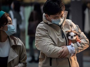 A man (right) wearing a facemask amid the concerns over the COVID-19 coronavirus holds a dog as he walks at a shopping mall in Beijing on Thursday, April 9, 2020.
