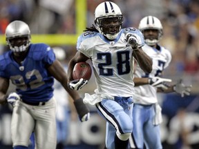 Tennessee Titans running back Chris Johnson runs the ball against the Detroit Lions in Detroit on November 27, 2008.