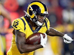 Wide receiver Brandin Cooks of the Los Angeles Rams carries at the ball against the Baltimore Ravens Los Angeles Memorial Coliseum on Nov. 25, 2019, in Los Angeles.